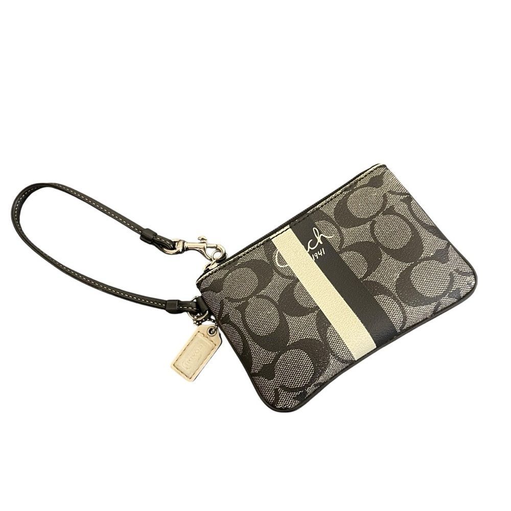 Coach Heritage Stripe Signature C Wristlet Grey Black Monogram Zip Bag